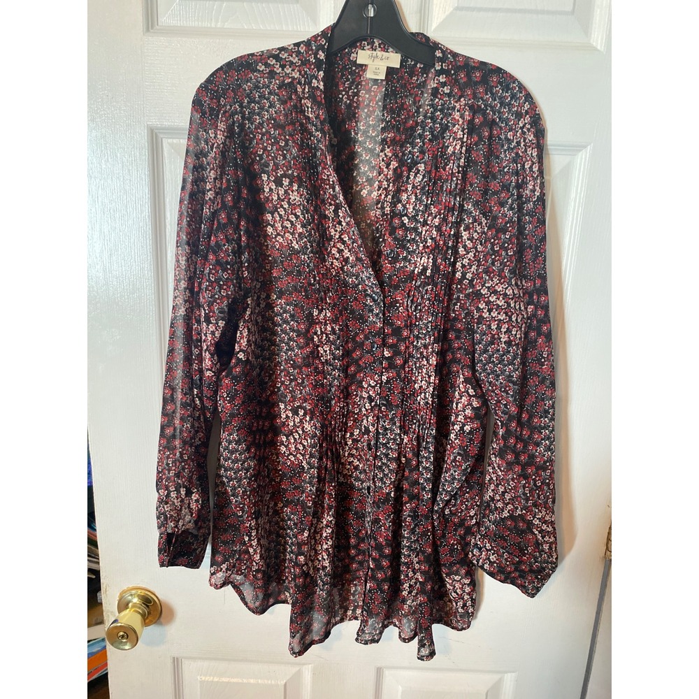 Style & Co Womens 1X Floral Pintuck Blouse Red Black Long Sleeve Button Front